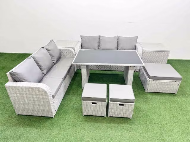 Fimous 9 Seater Rattan Outdoor Dining Table Set with 2 Side Tables and 3 Stools in Light Grey