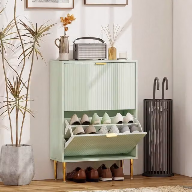 HOMCOM Slim Shoe Storage Cabinet with 2 Tilting Compartments in Light Green, W: 60 cm, H: 91.5 cm