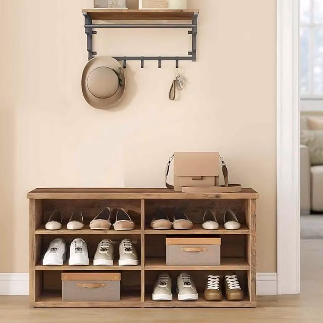 The Bazaarist Rustic Shoe Storage Bench in Brown with 6 Compartments and Adjustable Shelves, H 136 x W 100 x D 29.5 cm