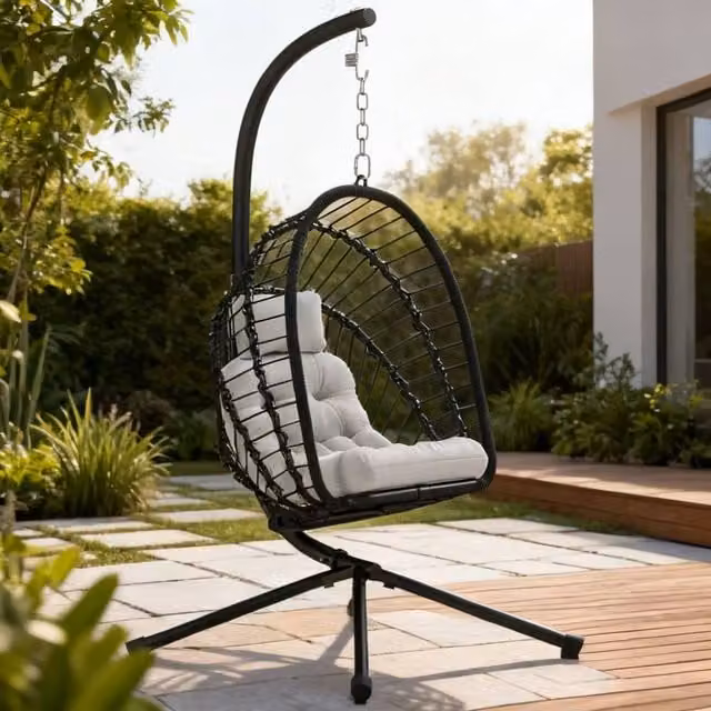 ERGOVEXA Black PE Rattan Egg Swing Chair with Cushions and Powder Coated Steel Frame for Garden and Outdoor Use – 1