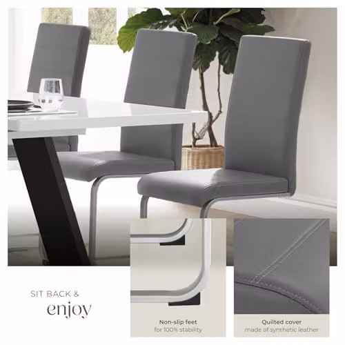 tectake Set of 8 Bettina Dining Chairs in Grey with Synthetic Leather and Metal Cantilever Base – 4