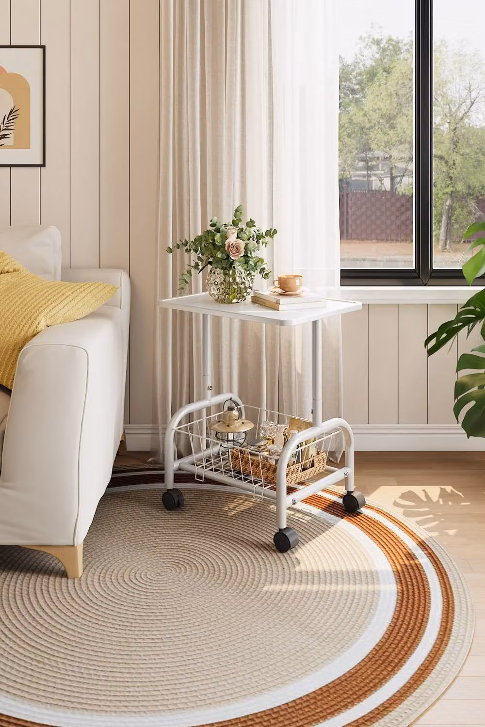 Living and Home Mobile Side Table with Lower Basket in White – 2