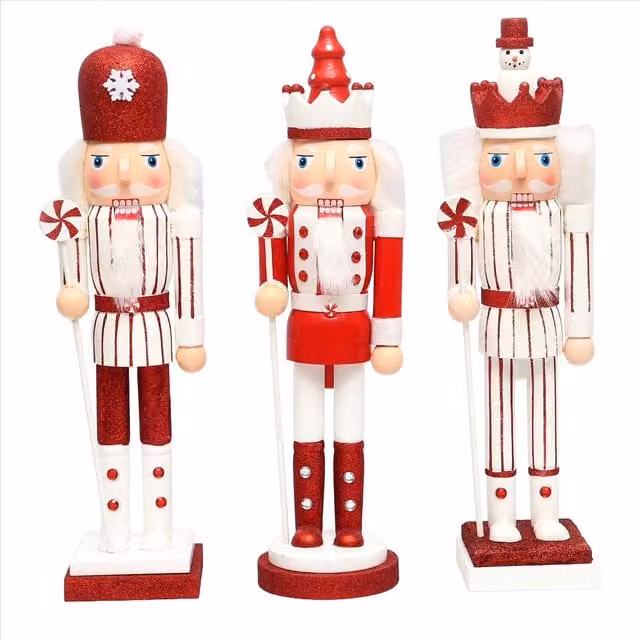 Shatchi Red and White Striped Candy Cane Wooden Christmas Nutcracker Soldier Figurine Set, 3 Pieces, Height: 38 cm