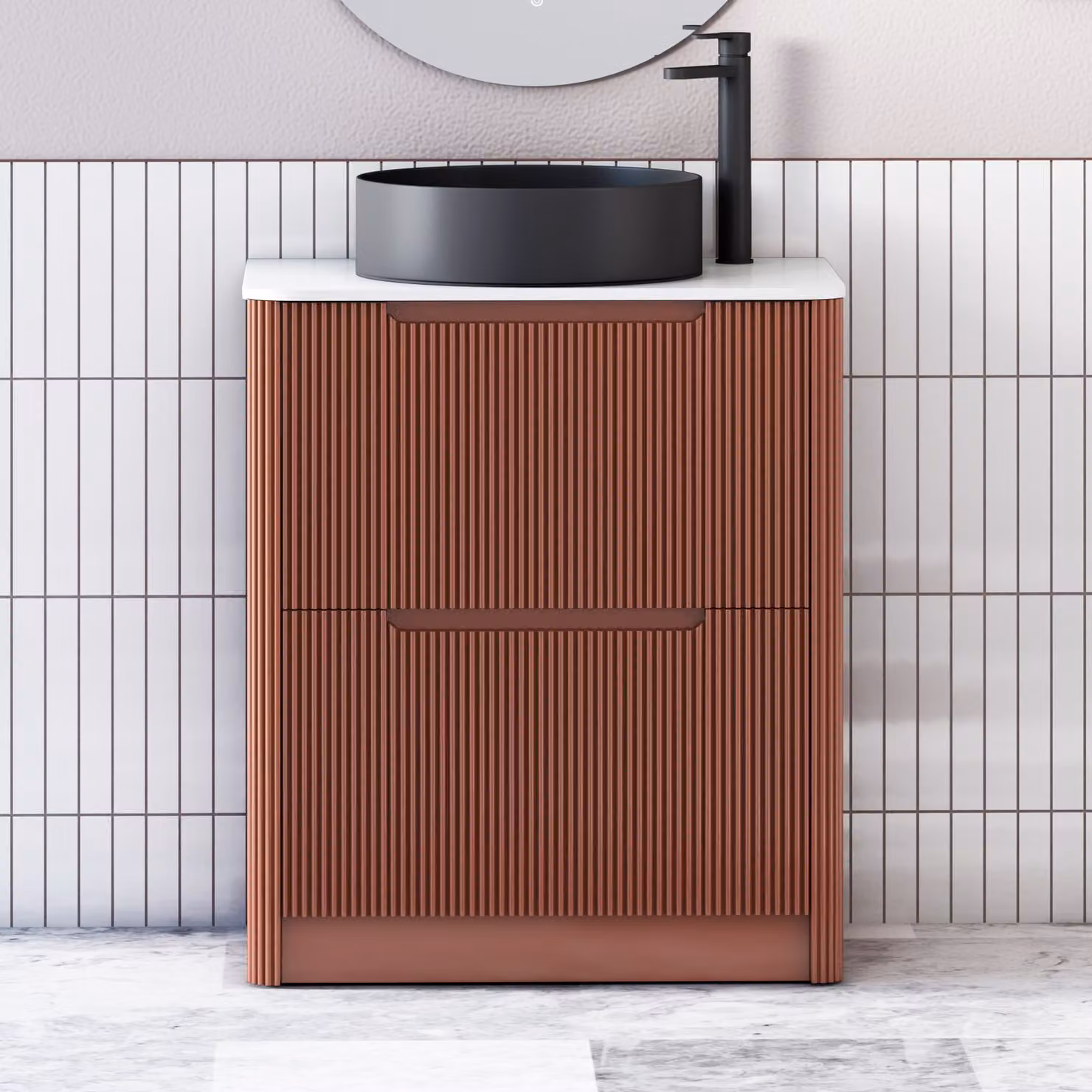 Royal Bathrooms Avenza 700mm Terracotta Clay Floor Standing 2 Drawer Vanity Unit with Plain White Worktop and Art Round Black Basin