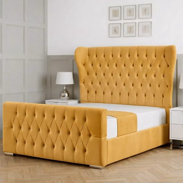 Living Comfort Bedz Velvetine Upholstered Gas Lift Storage Bed in Yellow, Size: Super King (200 x 200 cm)