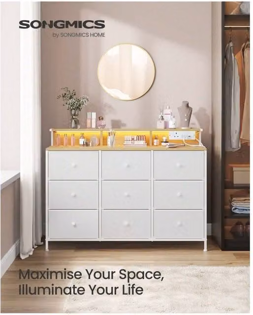 SONGMICS White LED Chest of Drawers with 9 Fabric Drawers