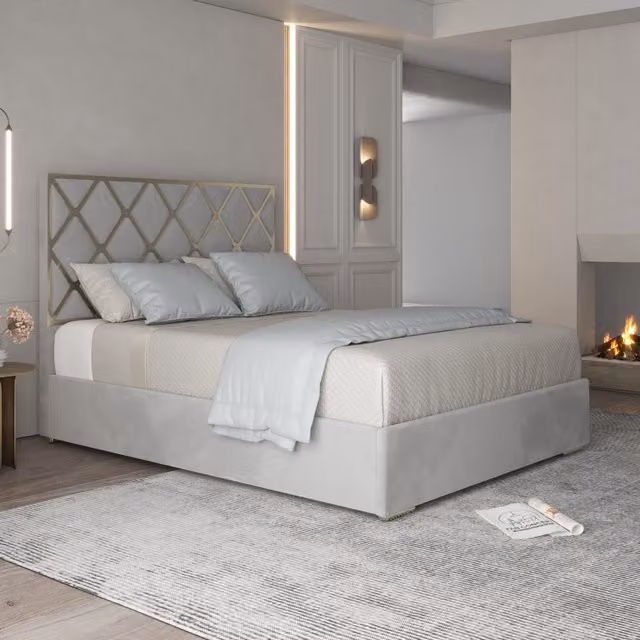 Repose Modern Upholstered Velvet Metal Bed Frame in Grey with Gold and Silver Accents, W/D/H: 180 x 200 cm