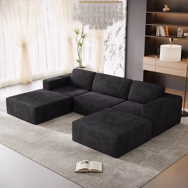 Dprodo Black Corduroy Modular U-Shape Sofa with Matching Ottoman and Removable Covers – 1
