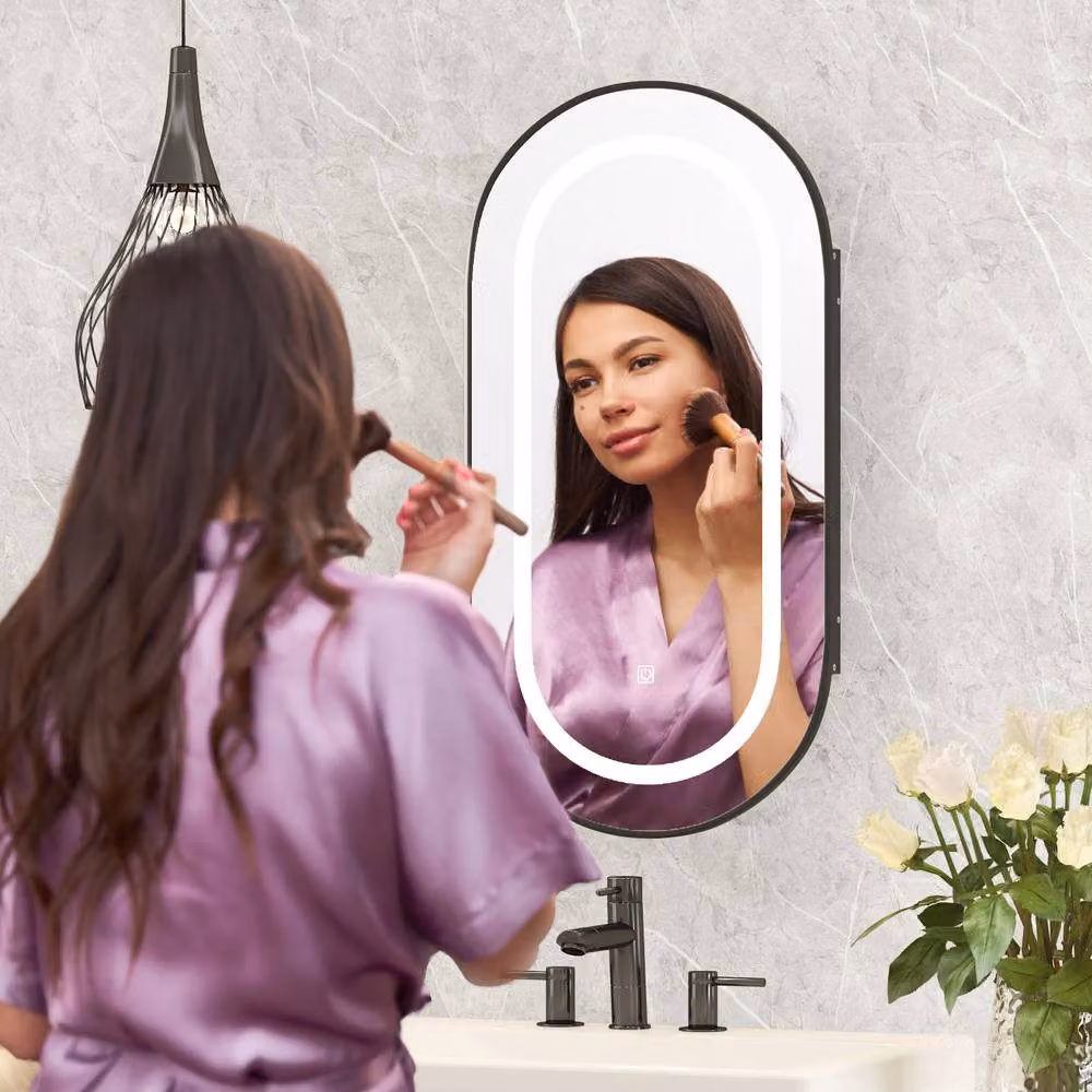 KEEPREAPER Black Oval LED Mirrored Bathroom Cabinet with 2 Glass Shelves, W: 42 cm, H: 80 cm – 4