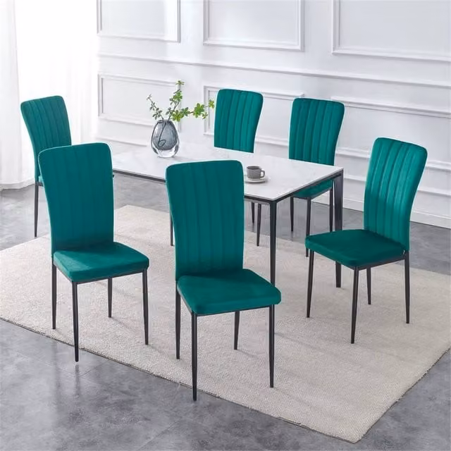 FORGEVIO Set of 6 Modern Dining Chairs with Green Velvet Upholstered Seats and Black Metal Frame