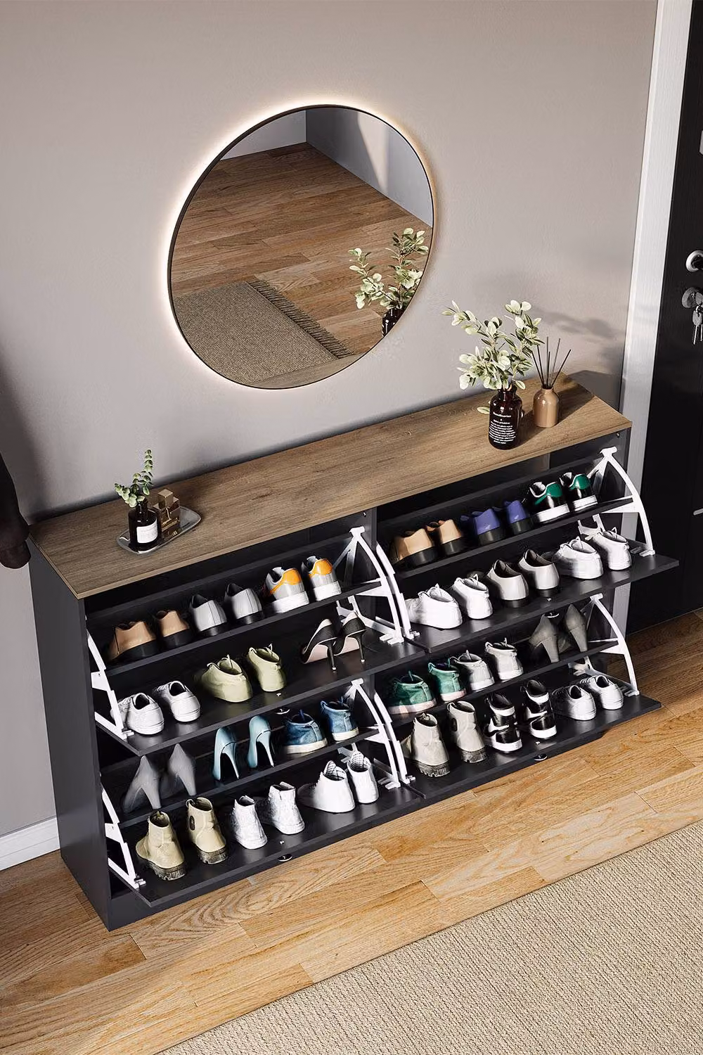 HD Designs Modern Black Matt Flip Down Shoe Cabinet with LED Lighting and Internal Shelves – 6