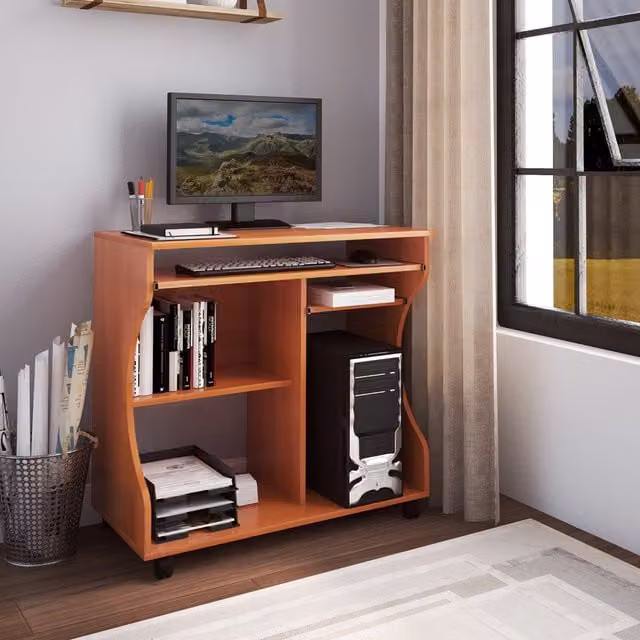 HOMCOM Rectangular Computer Office Desk with Castors in Cherry