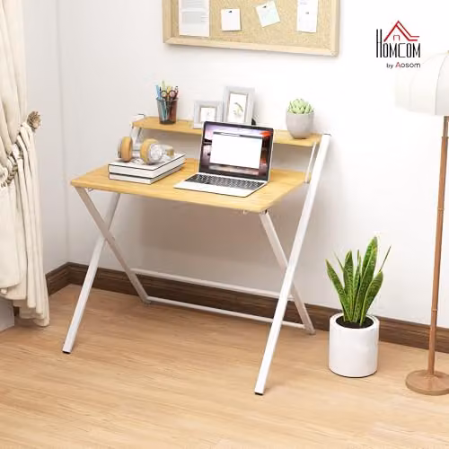 HOMCOM Modern Folding Computer Desk in Sand with X-Frame Metal Legs, W/D/H: 86 x 66 x 82 cm – 2