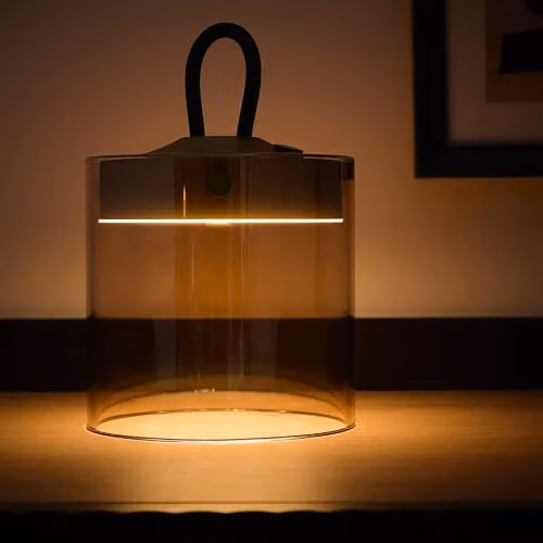 K LIVING Quito Small Rechargeable LED Tabletop Lamp with Champagne Smokey Glass and Antique Brass Finish, Dimmable Touch Control, Gold/Brass – 2