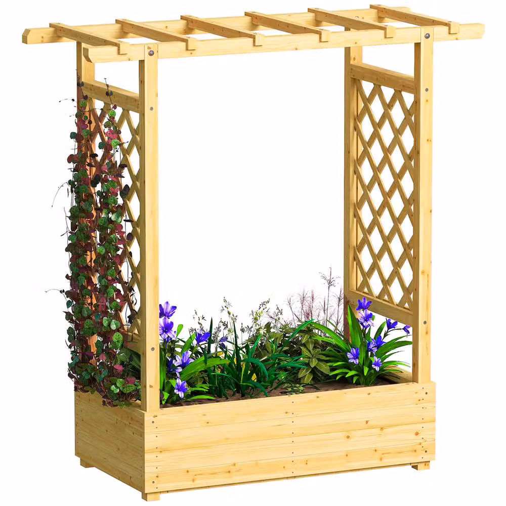 OUTSUNNY Wooden Raised Bed with Trellis for Ornamental or Vegetable Gardens, Natural/Brown, W: 110 cm, D: 44 cm, H: 113 cm – 2