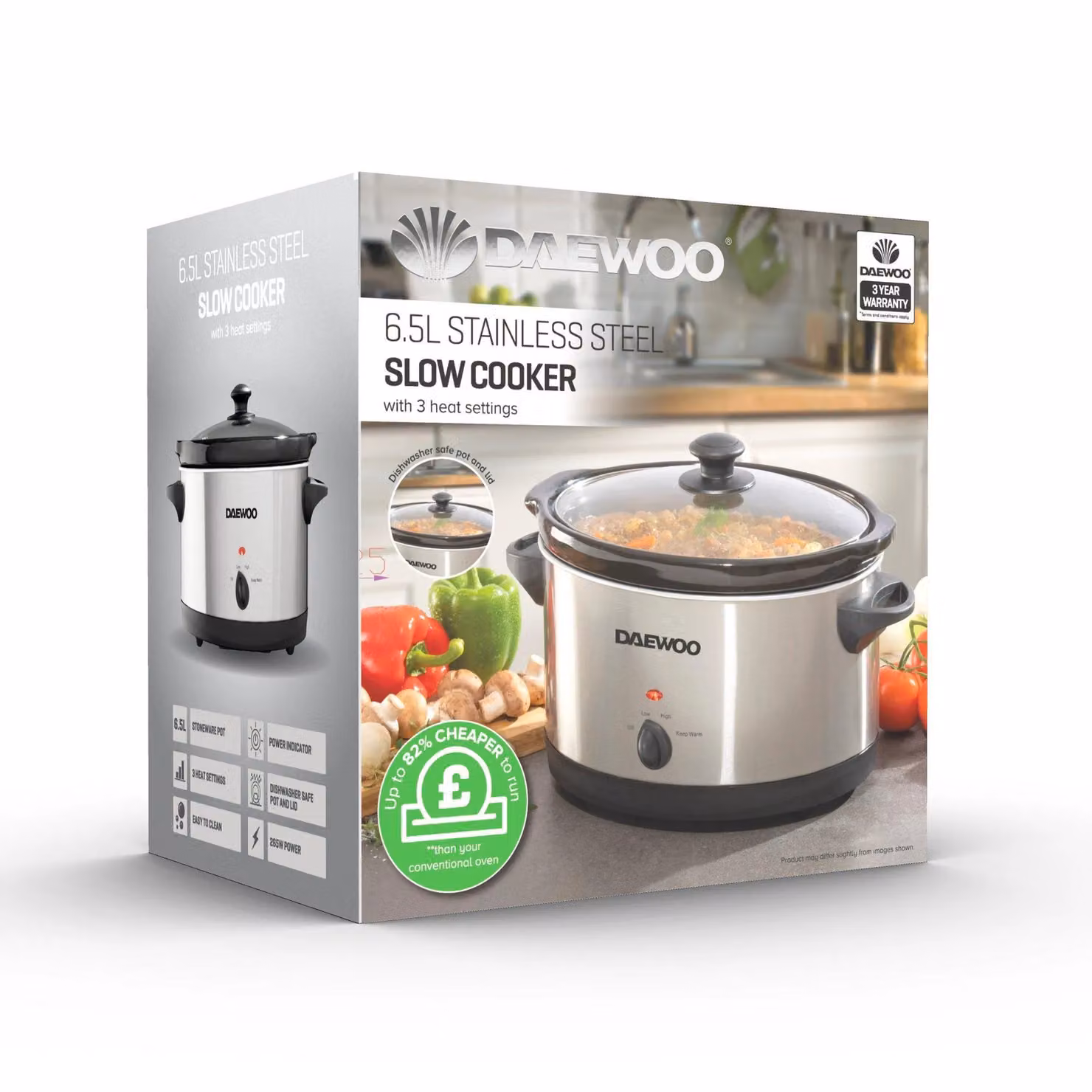 Daewoo 6.5 Litre Stainless Steel Slow Cooker with 3 Heat Settings and Keep Warm Function in Metallic Silver – 5
