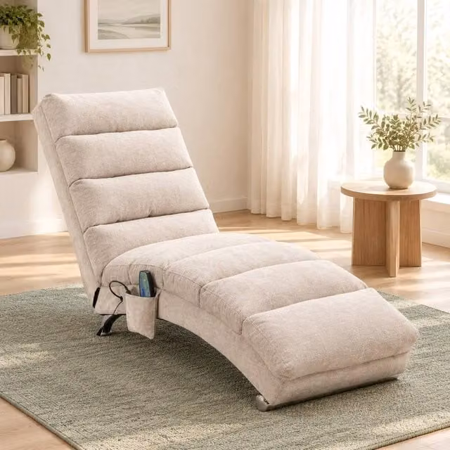 STILVORA Beige Fabric Chaise Longue Chair with Vibration and USB Charging