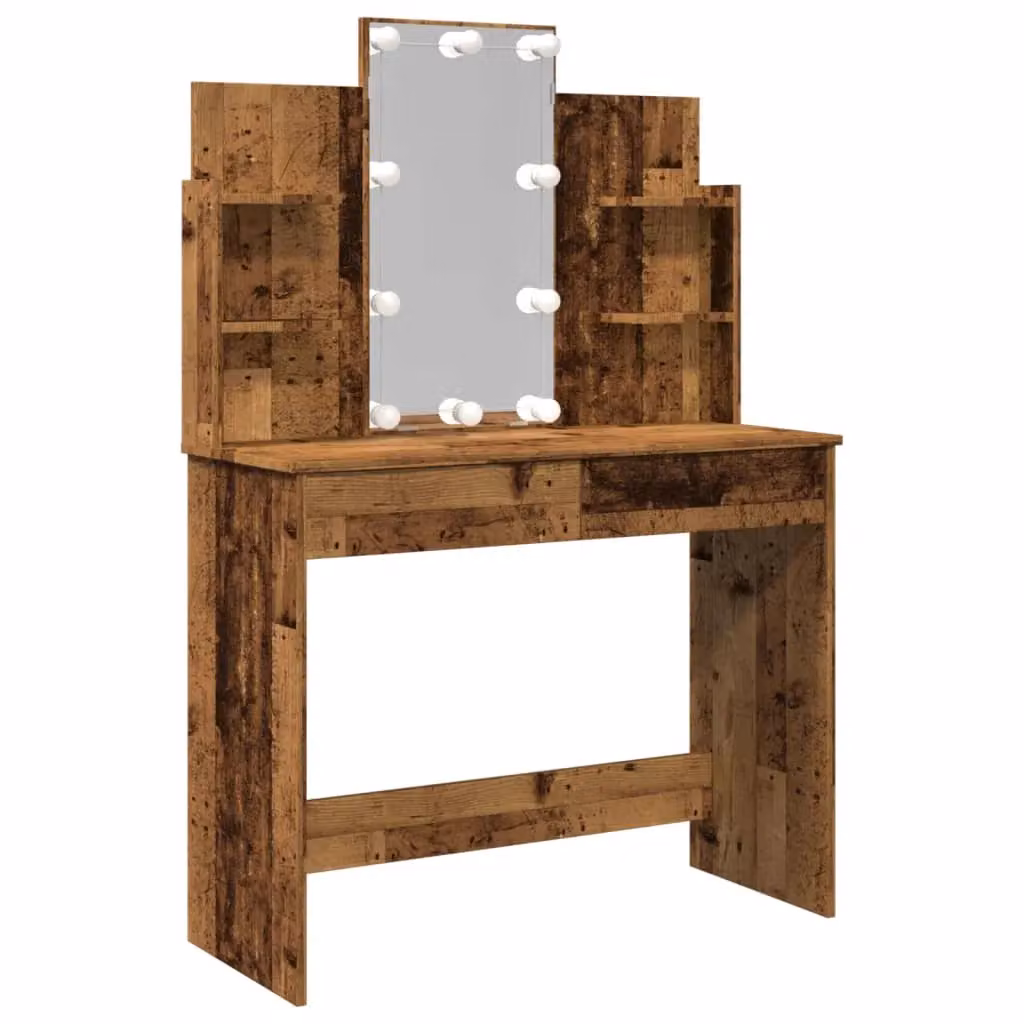 Berkfield Home Dressing Table with LED Lights in Old Wood Brown, W/D/H: 96 x 40 x 142 cm – 2
