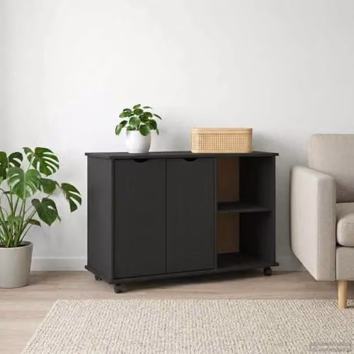 vidaXL Rolling Cabinet in Black Solid Pine Wood W/D/H: 100 x 39 x 65.5 cm – 2