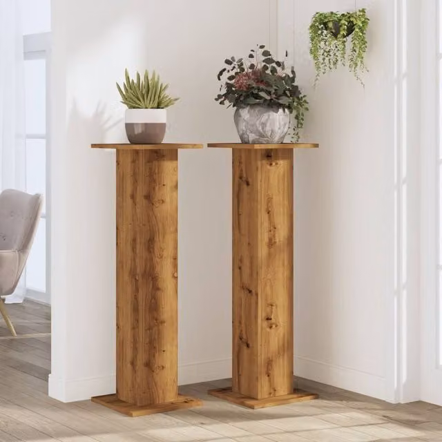 Berkfield Home Set of 2 Artisan Oak Plant Stands in Brown, W/D/H: 30 x 30 x 95 cm