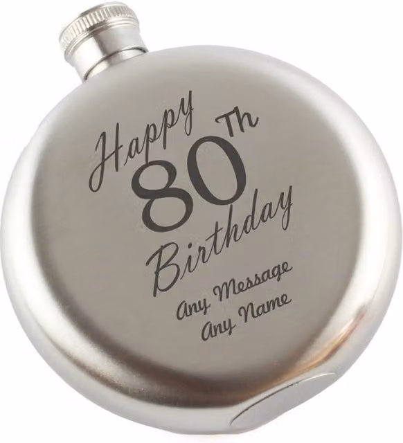 Uniqueful Personalised Happy 80th Birthday Engraved 5oz Round Stainless Steel Hip Flask in Silver