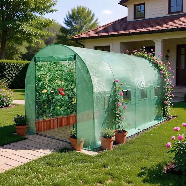 BIRCHTREE Green Polytunnel Greenhouse with Galvanised Steel Frame, L 400 cm x W 200 cm x H 200 cm