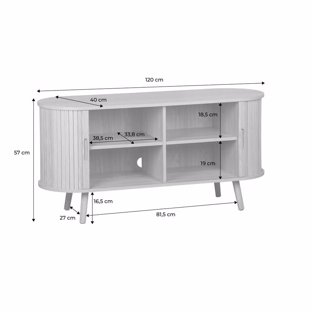 Sweekeet Scandi-style TV Unit with Grooved Wooden Effect and 2 Sliding Doors, Light Brown, W: 120 cm, D: 40 cm, H: 57 cm – 4