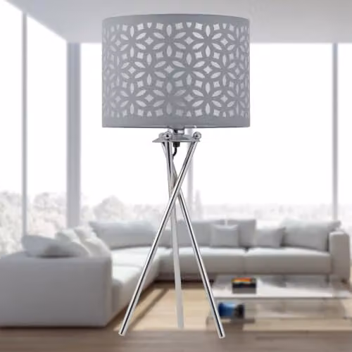 First Choice Lighting Chrome Tripod Table Lamp with Grey Fabric Cylinder Shade in Silver – 4