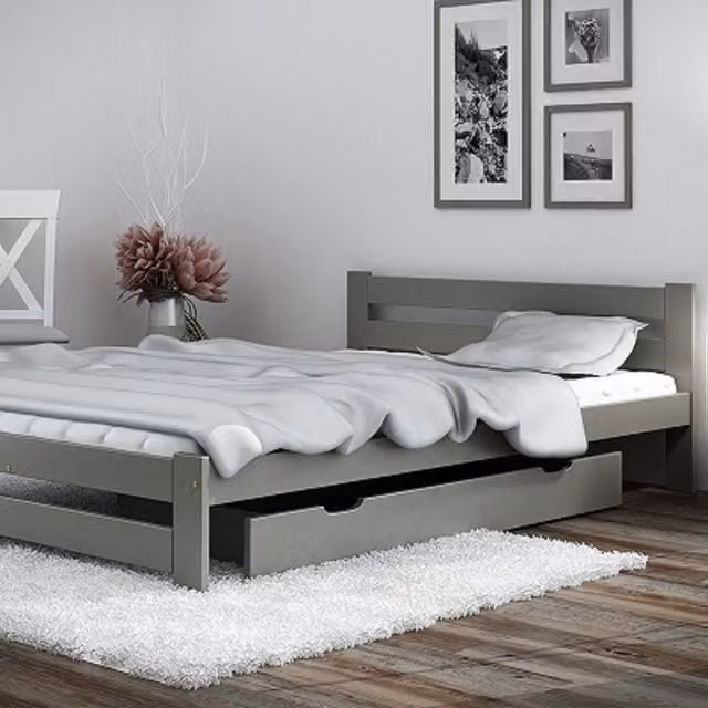 CaptainsTM Xiamen Small Double Bed Frame in Grey and White Solid Pine Wood with Drawers, W/D/H: 120 x 200 cm