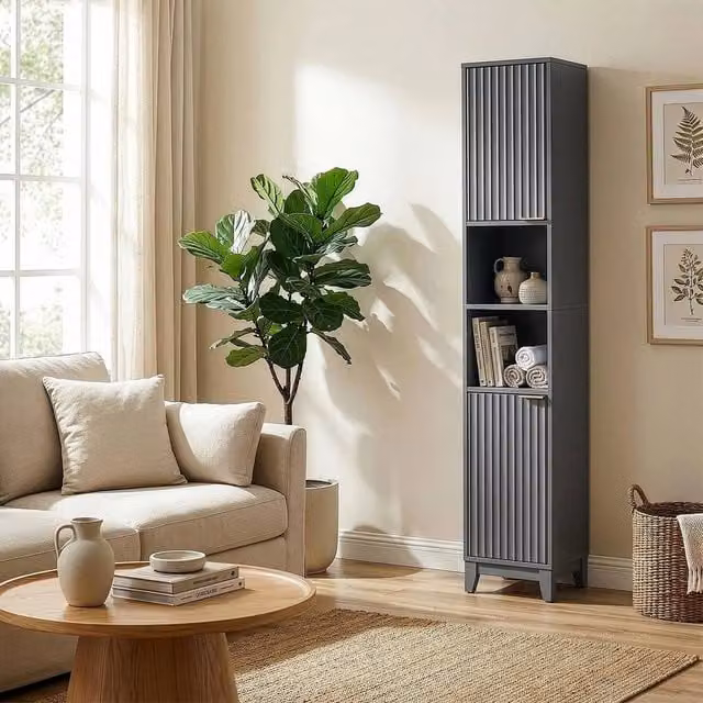 FORGEVIO Tall Slim Bathroom Storage Cabinet in Grey, H 170 x W 30 x D 28 cm – 1