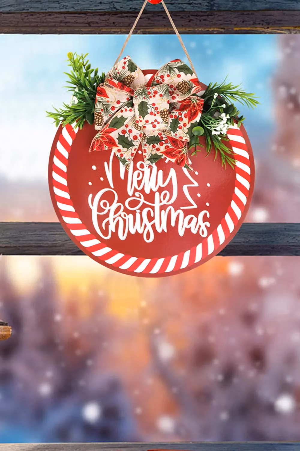 Neel Blue Round Christmas Wall Hanging Sign with Floral Design in Red and White, Diameter: 29.5 cm – 3