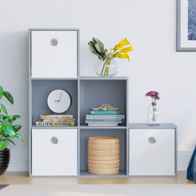 Vida Designs Durham 6 Cube Staircase Storage Unit in Grey with 3 White Baskets