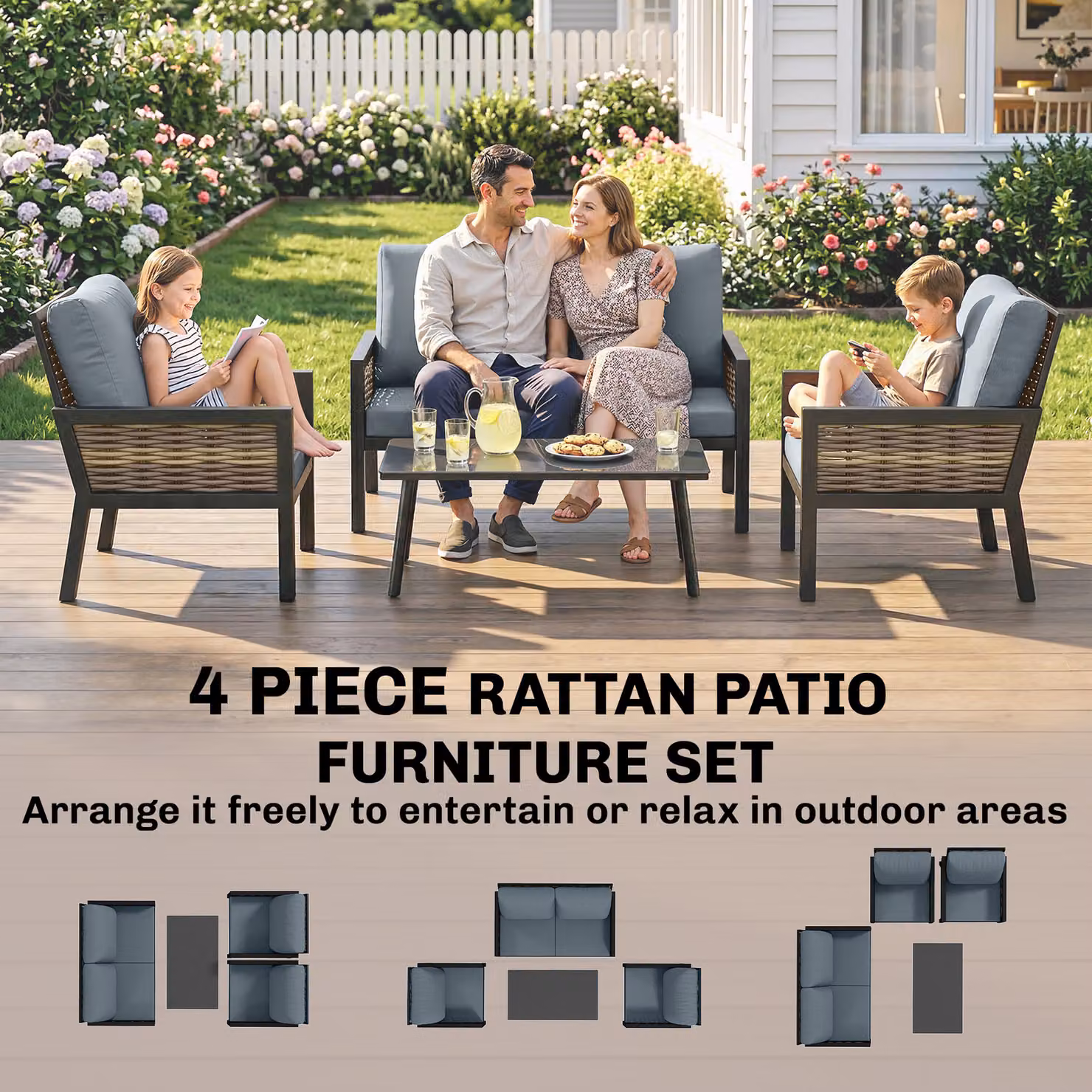 Outsunny 4 Seater Rattan Garden Furniture Set in Grey with Cushions, 2 Armchairs, Loveseat and Coffee Table – 6