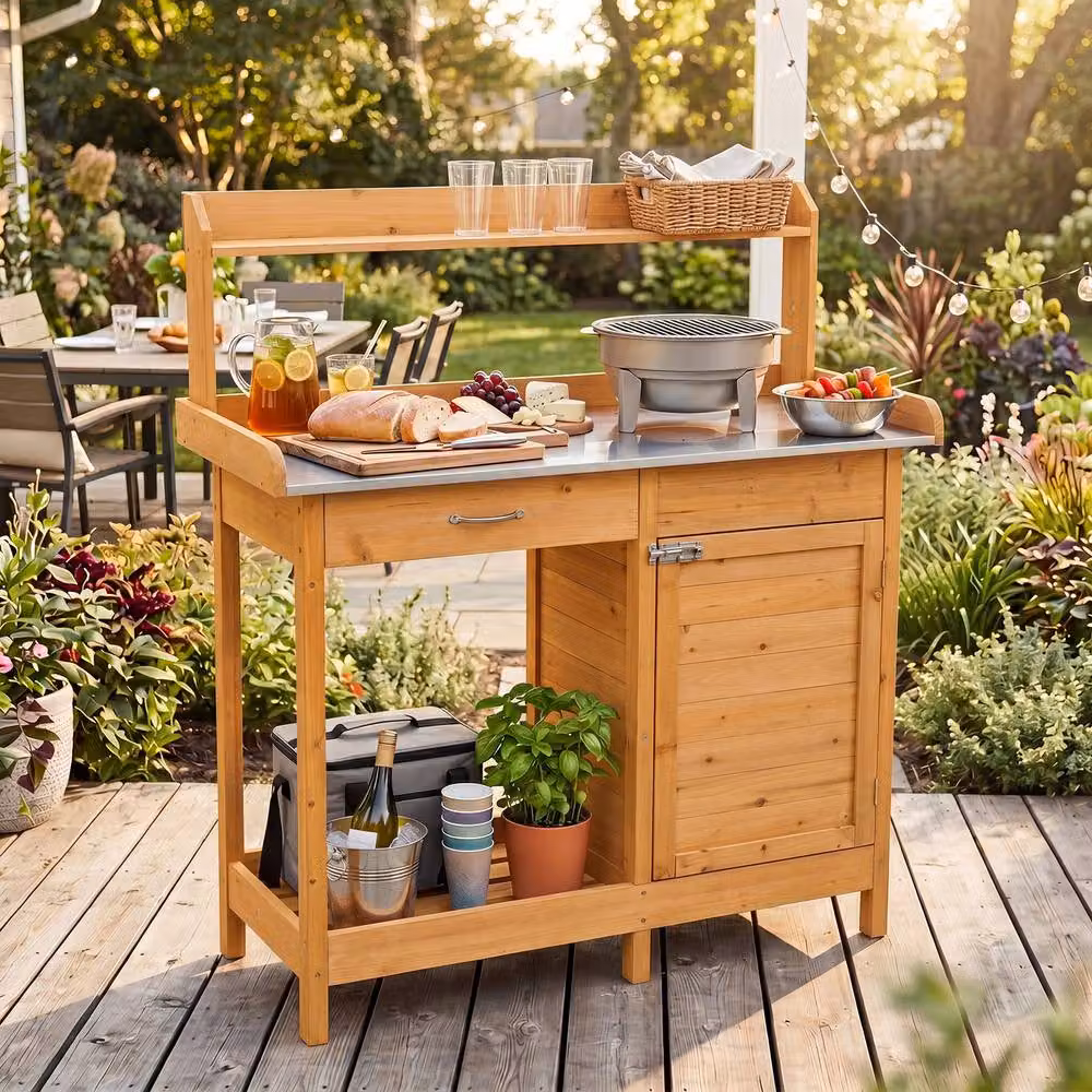 Costway Garden Potting Bench Wood Plant Workstation with Lockable Cabinet in Brown – 2