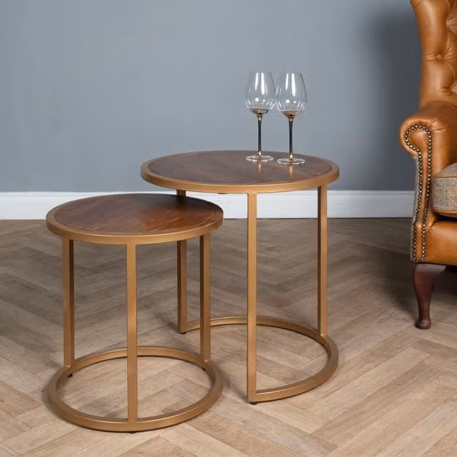 Elm Home And Garden Round Nest Of Two Tables in Brown Mango Wood and Gold Metal Frame