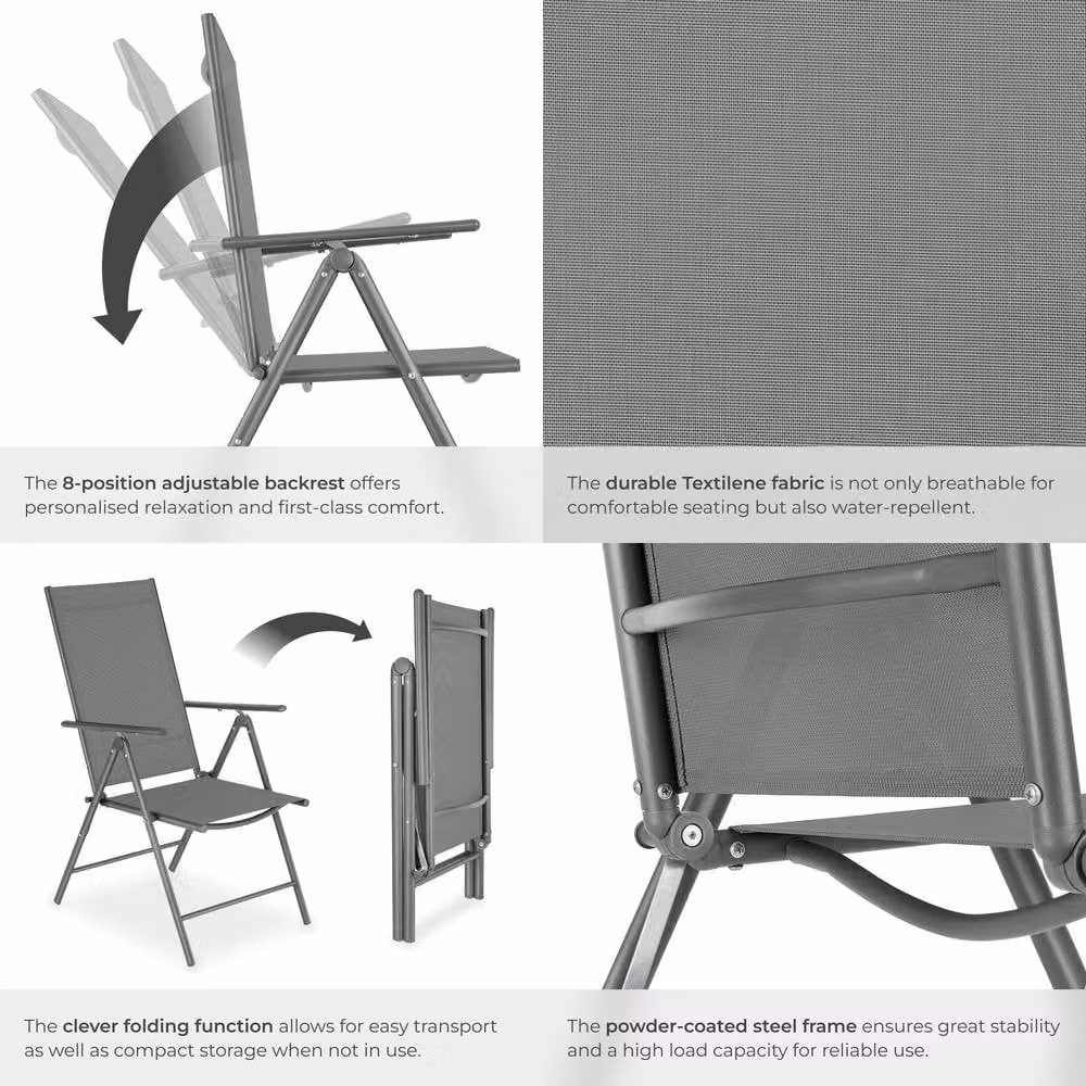 tectake Set of 6 Folding Garden Chairs with Adjustable Backrests and Armrests in Grey Textilene Fabric and Powder Coated Steel – 5