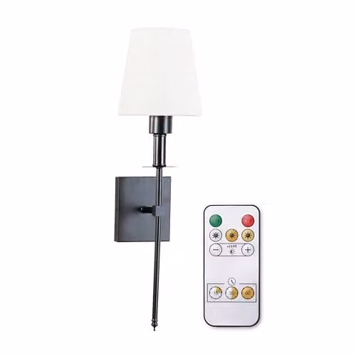 ValueLights Rechargeable LED Wall Light with Fabric Shade and Remote Control, Dimmable Touch Control Sconce in Black – 1