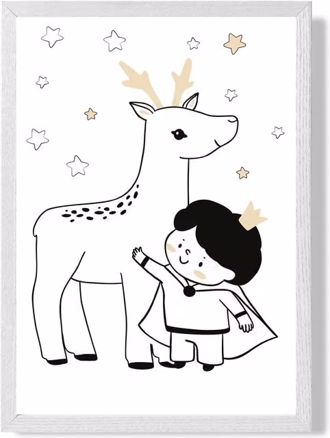 ARTZE Scandi Prince Little Boy with Reindeer Framed Paper Poster, Black and White, A3