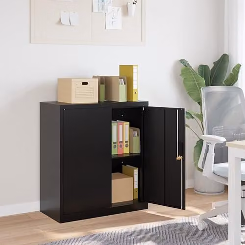 vidaXL Black Metal File Cabinet with Hinged Doors and Lock, W/D/H: 79 x 40 x 90 cm – 2