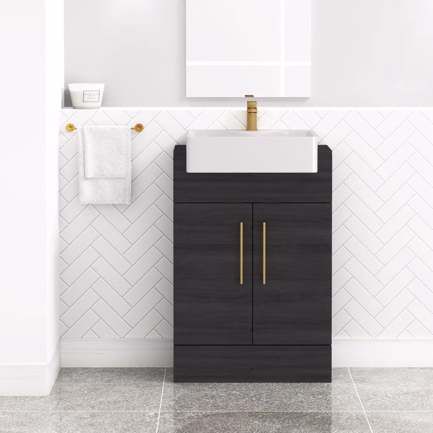 Royal Bathrooms Elena 600mm Hale Black Floor Standing Bathroom Vanity Unit with 2 Doors, Brushed Brass Handles and Semi Recessed Basin