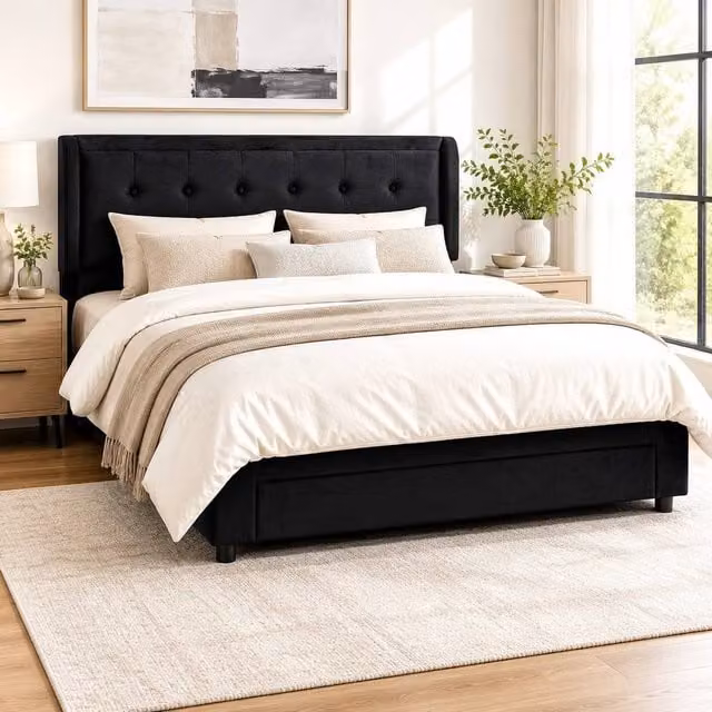 STILVORA Modern Upholstered Velvet Ottoman Bed Frame with Lift Up Base in Black, W/D/H: 180 x 200 x 157.5 cm – 1