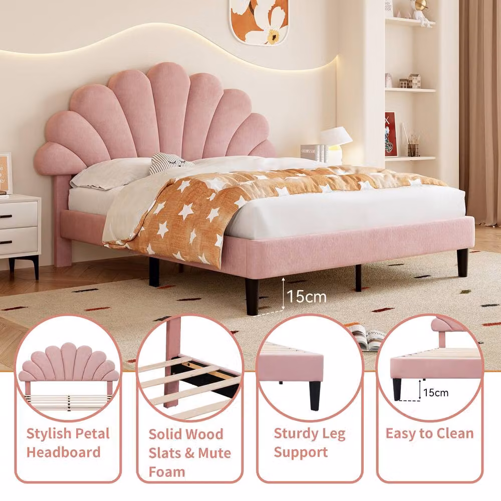 Rolipo Pink Velvet Double Bed Frame with Adjustable Petal Headboard, W/D/H: 140 x 200 cm – 2