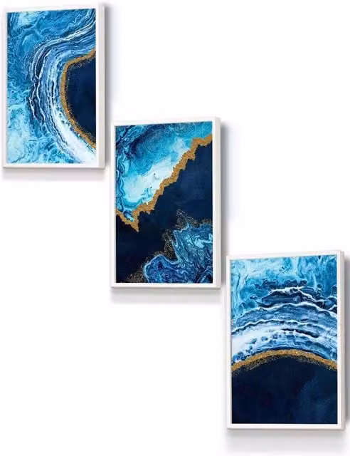 ARTZE Abstract Oceans Modern Framed Wall Art in Blue, Gold and White, W: 33 cm, H: 45 cm, D: 0.2 cm