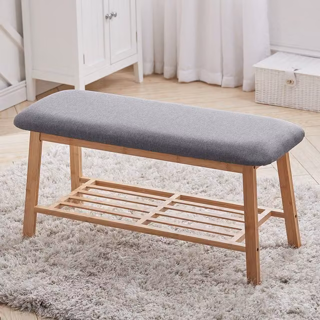 Livingandhome Grey Linen and Bamboo Shoe Bench Footstool and Shoe Rack