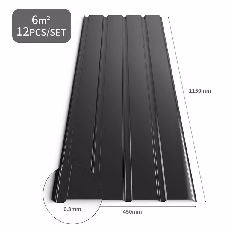 KORVIXA 12 Piece Corrugated Metal Roof Sheets in Black, W: 100 cm, H: 300 cm