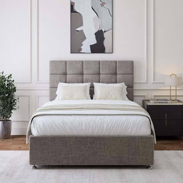 Bedmaster Upholstered Linen Divan Base and Square Headboard with Drawers, Grey, W/D/H: 140 x 200 cm