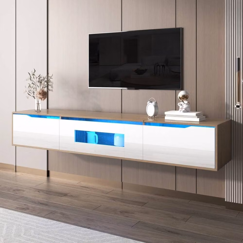 KORVIXA Modern Wall Mounted Floating TV Stand in White with Integrated Lighting, W/D/H: 180 x 35 x 30 cm – 2