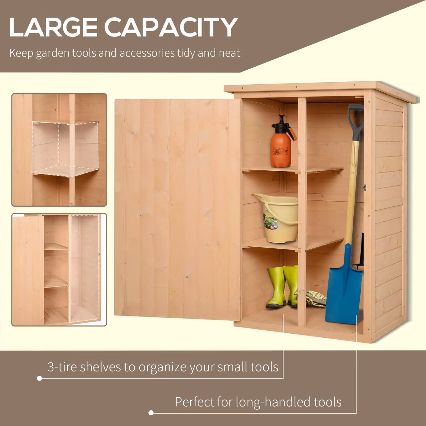 OUTSUNNY Garden Shed Outdoor Tool Storage Tall Cabinet in Sand with 2 Shelves, W/D/H: 75 x 56 x 115 cm – 3