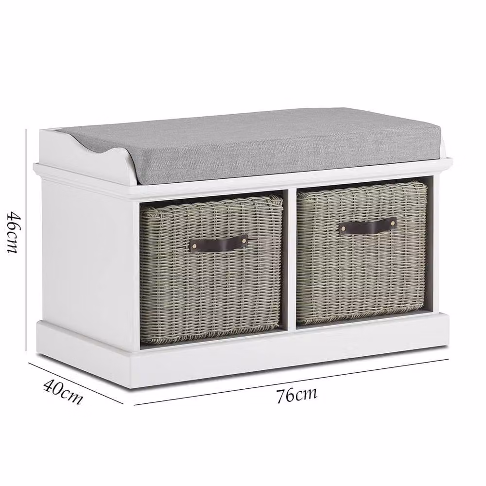 Statement Furniture Tetbury Bench in White with Grey Cushion and 2 Grey Faux Rattan Baskets – 2