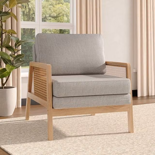 Livingandhome Mid-Century Grey Upholstered Rattan and Rubberwood Single Armchair